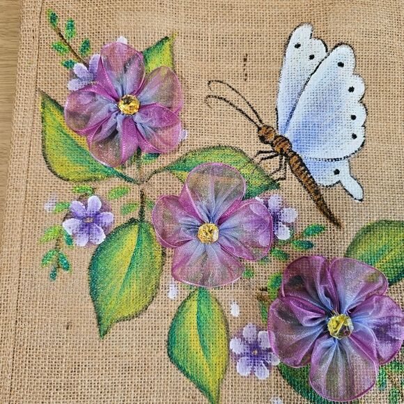 Hand-Made Bags Jute Craft-Fabric Ribbon Flowers Hand Painted Butterfly Gift New - Picture 2 of 7